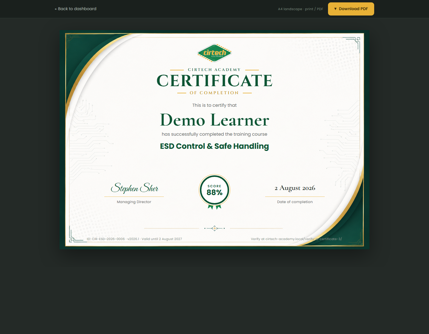 A completed certificate, ready to download.