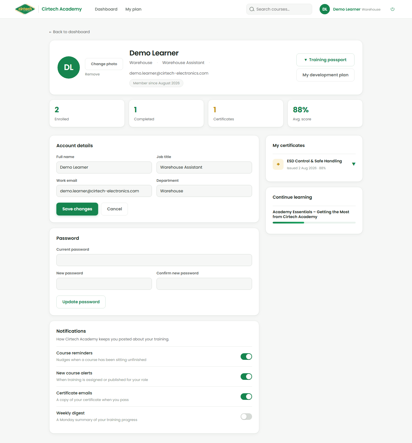Your profile - details, photo, password and notifications.