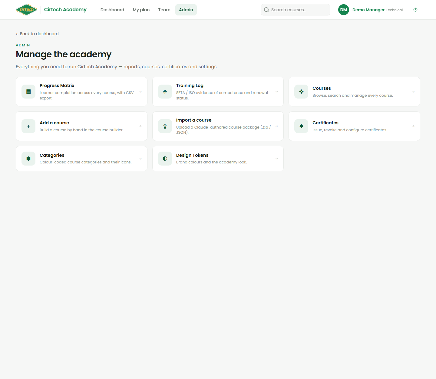 The Admin hub - Add a course and Import a course.