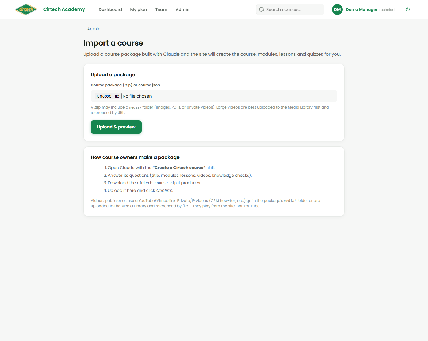 The Import Course screen - upload and confirm.