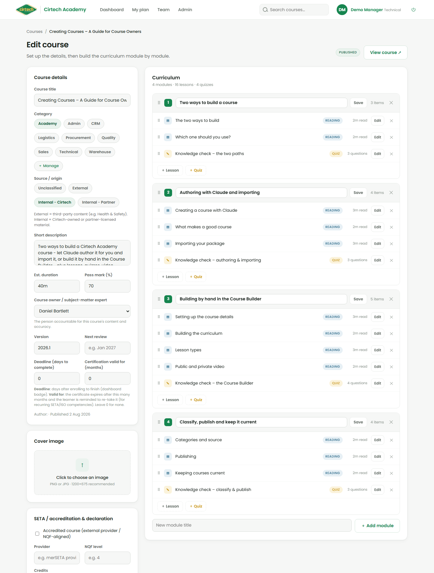 The Course Builder - course details and curriculum.