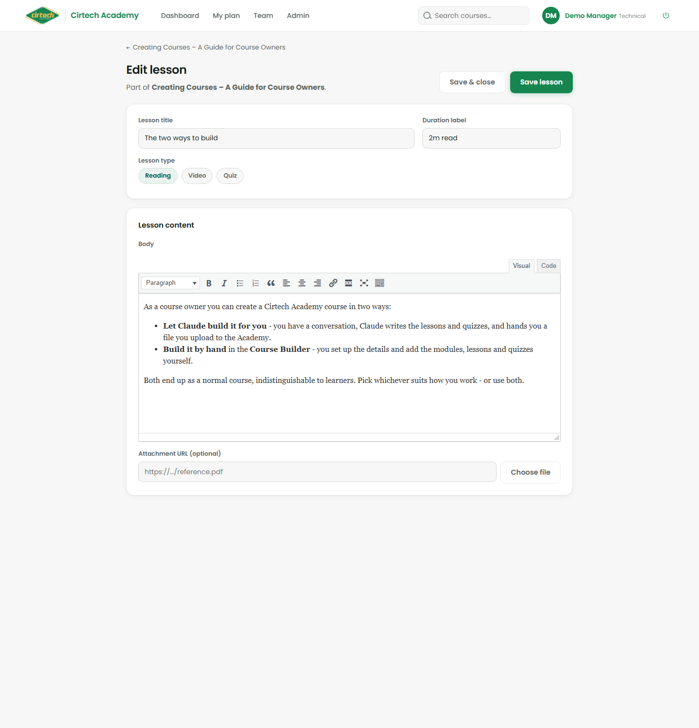 The Lesson Editor - reading, video or quiz.