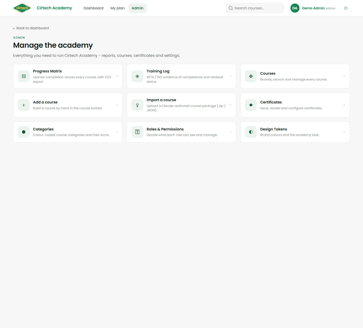 The Admin hub - one launcher for every management screen.