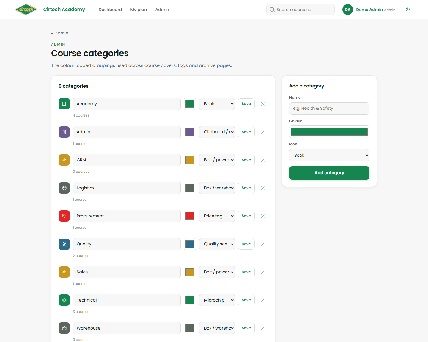 Managing course categories, colours and icons.