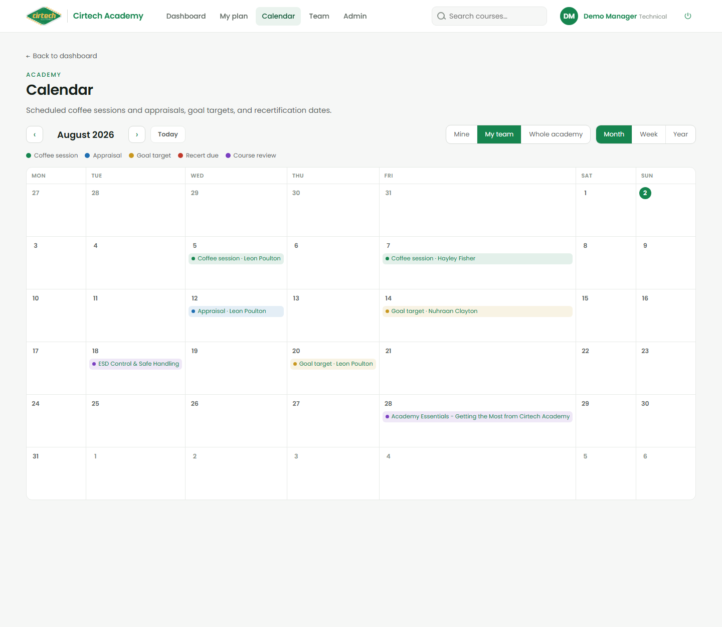 The calendar - month view for a team.