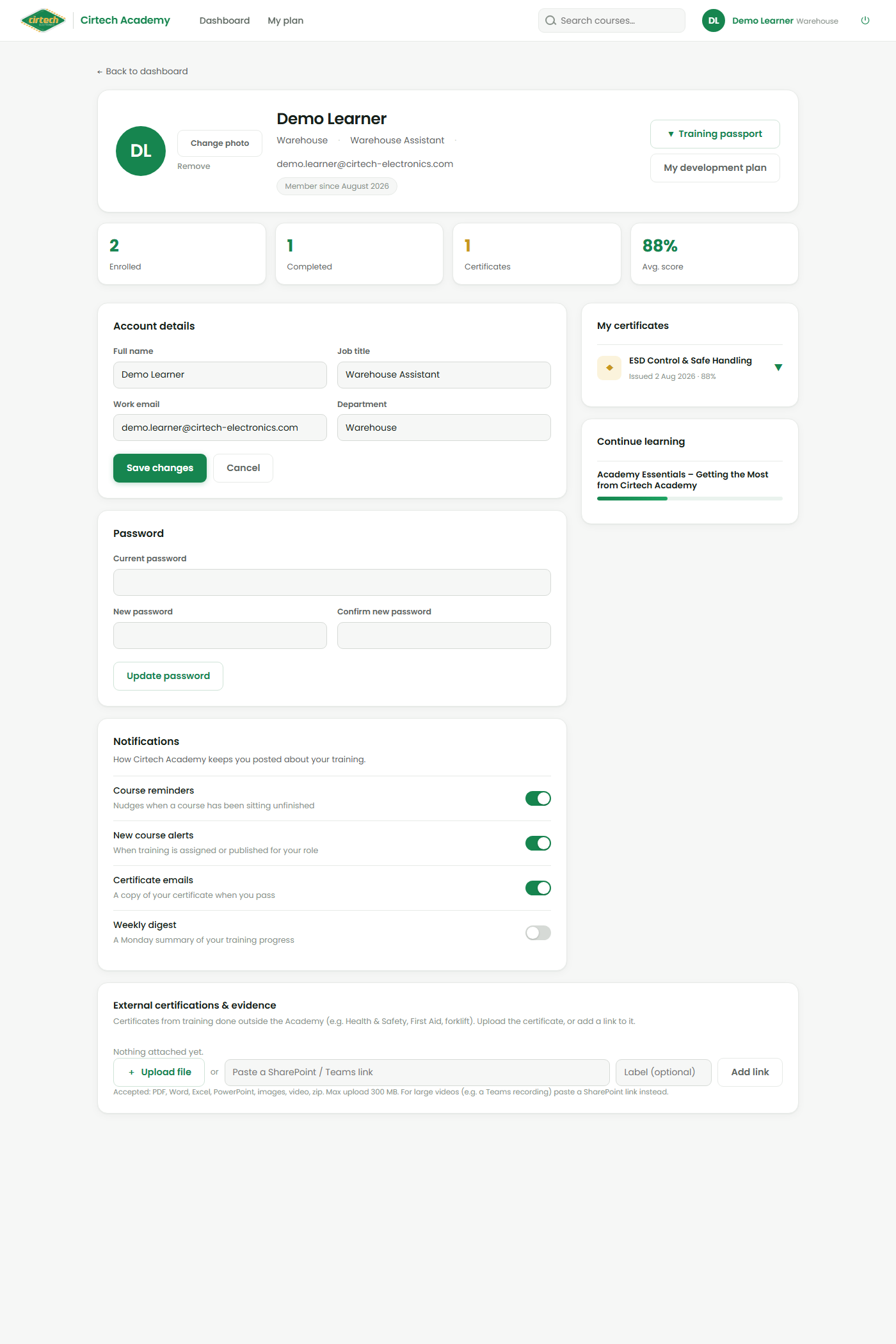 Upload external certificates on your profile.